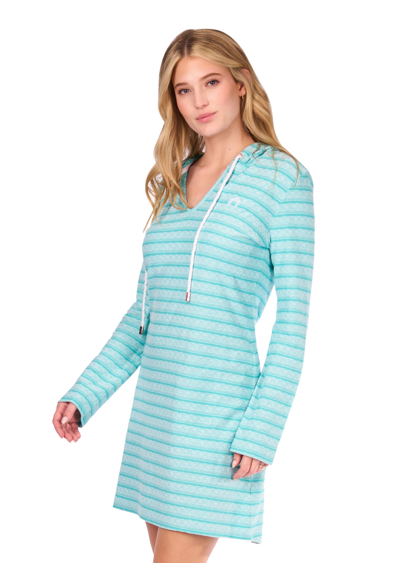 Side of woman in Aqua Hoodie Dress