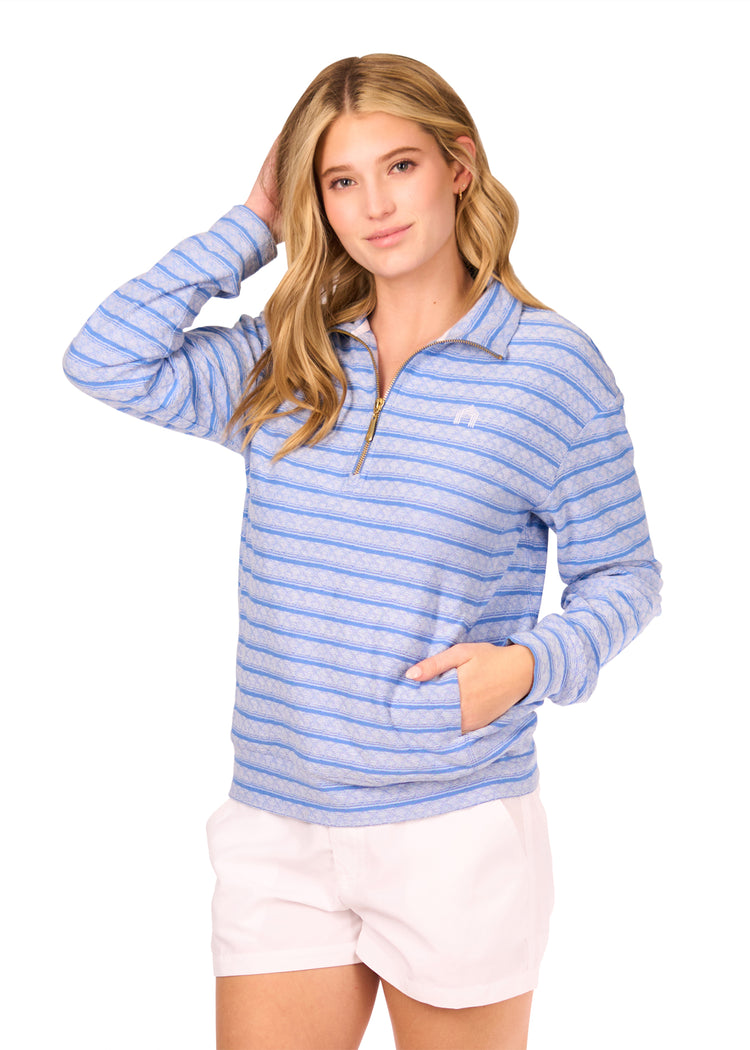 Side of Woman in Blue Half Zip Pullover and White Microfiber Shorts