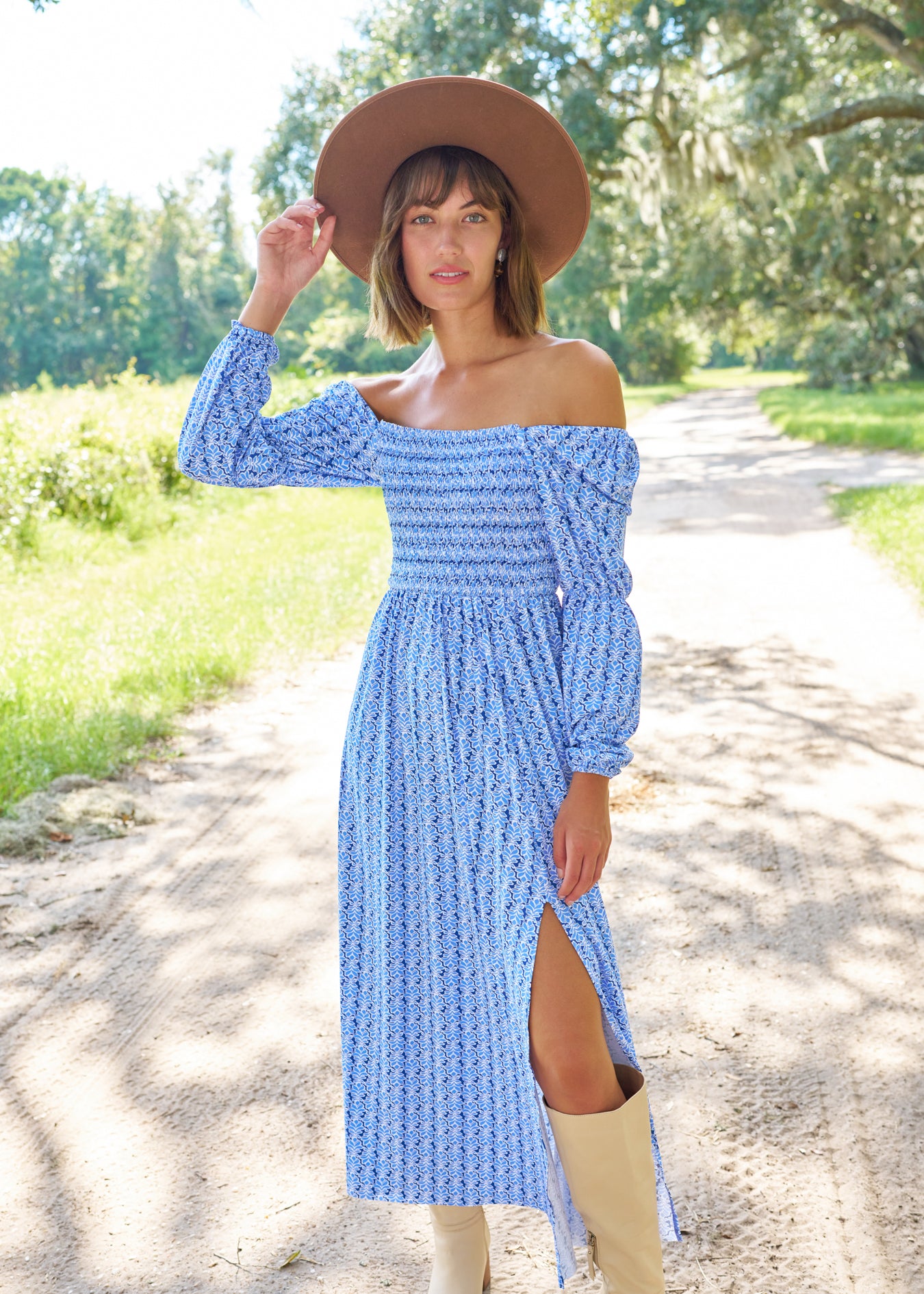 Woman wearing Sullivan's Island Puff Sleeve Maxi Dress