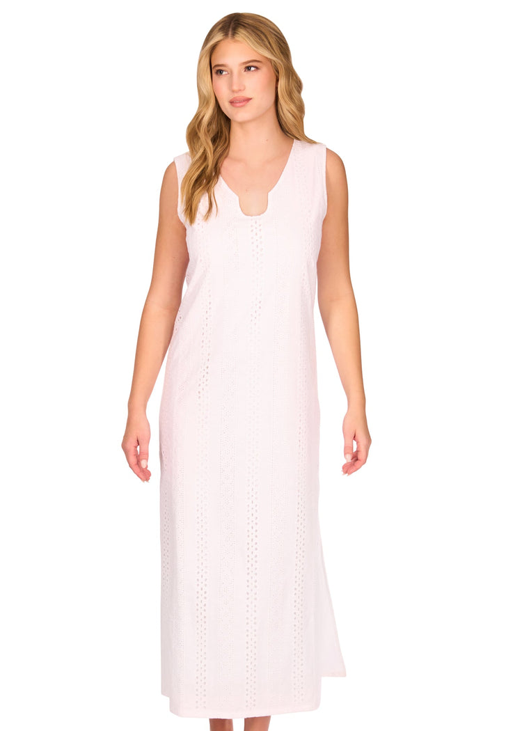 A blonde woman wearing the White Eyelet Side Slit Maxi Dress on a white background.