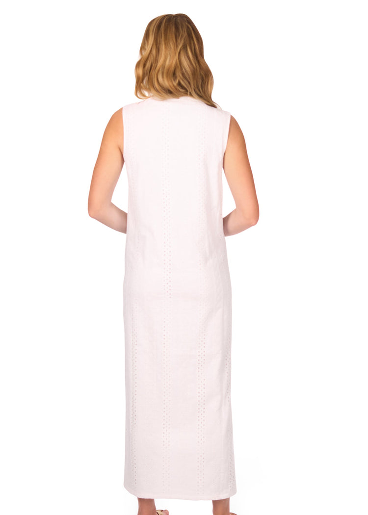 The back of a blonde woman wearing the White Eyelet Side Slit Maxi Dress on a white background.