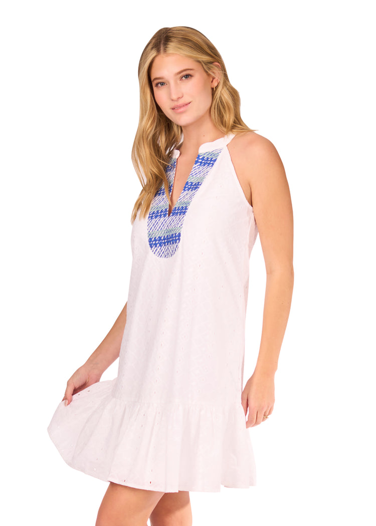 Side of woman in White Embroidered Eyelet Halter Dress