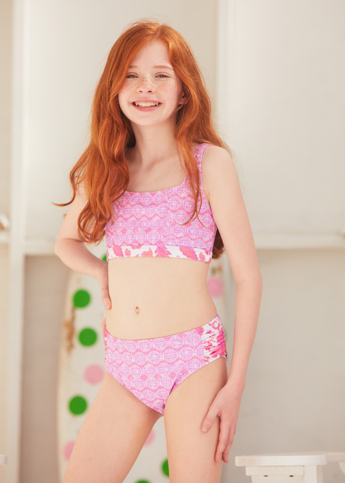 Redhead girl wearing bikini set from Girls Provence 3-Piece Short Sleeve Rashguard Set
