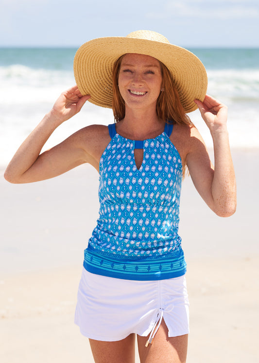 Woman wearing Palm Valley Halter Tankini Top.