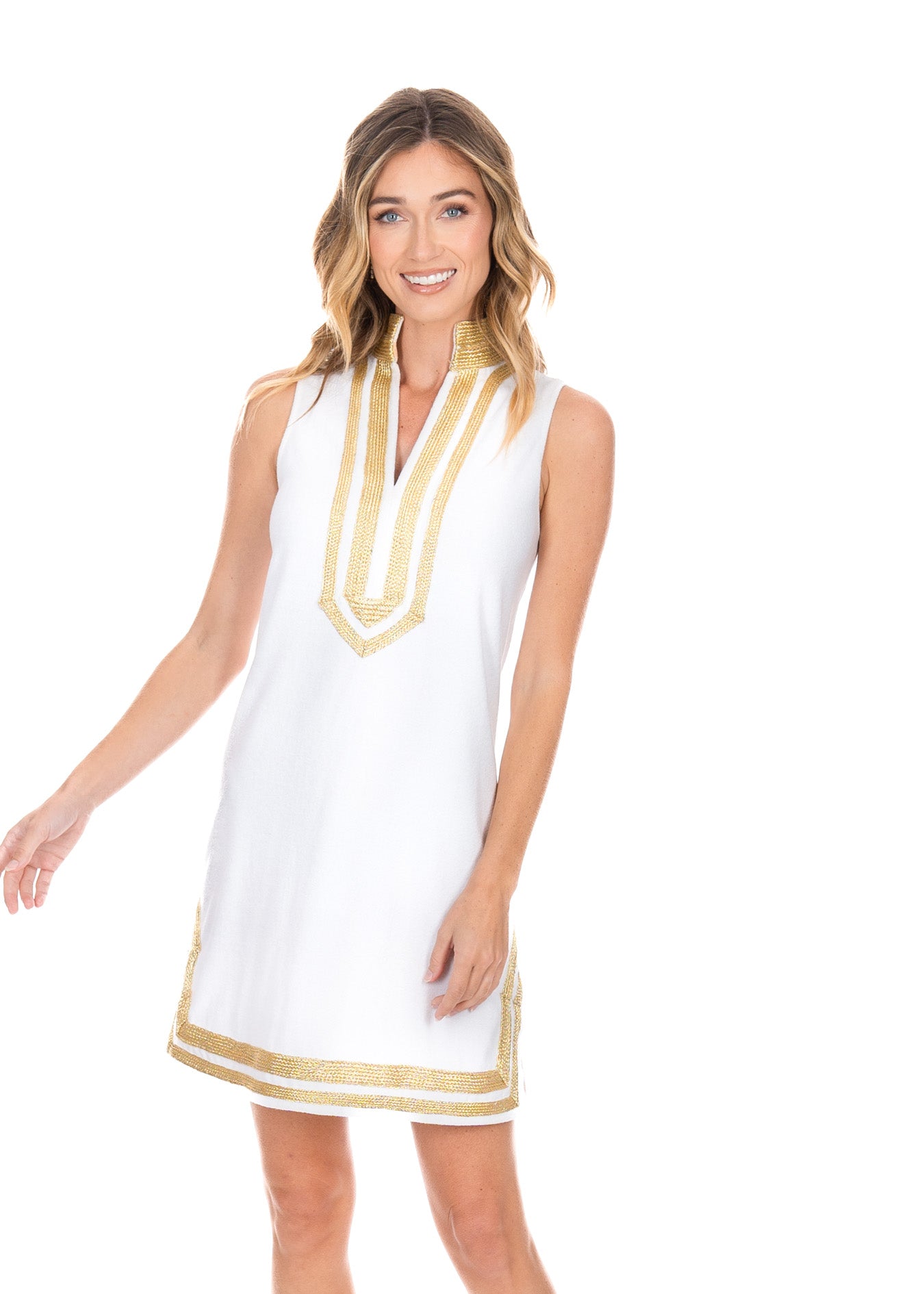 Blonde woman wearing White/Gold Sleeveless Terry Tunic while smiling. 