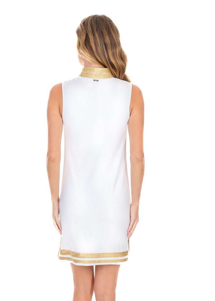 Blonde woman wearing the White/Gold Sleeveless Terry Tunic with hands at sides.