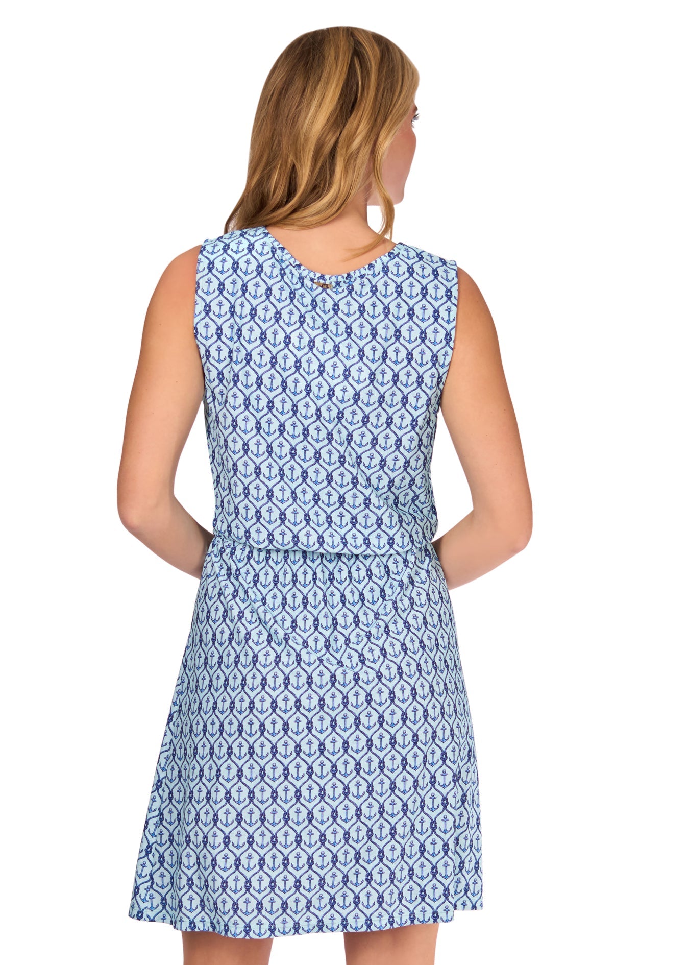 The back of a blonde woman wearing the Cabana Life sun protective Anchor Sleeveless Tie Waist Dress on a white background.
