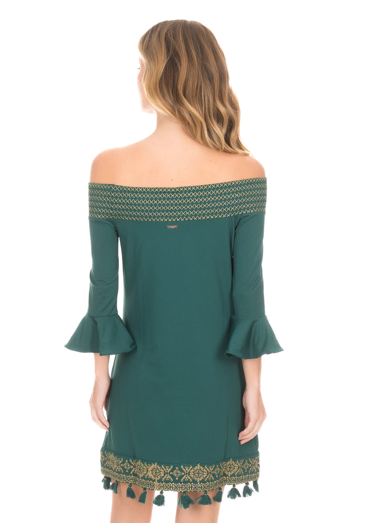 Back of blonde model wearing the Emerald Metallic Embroidered Off The Shoulder Dress.