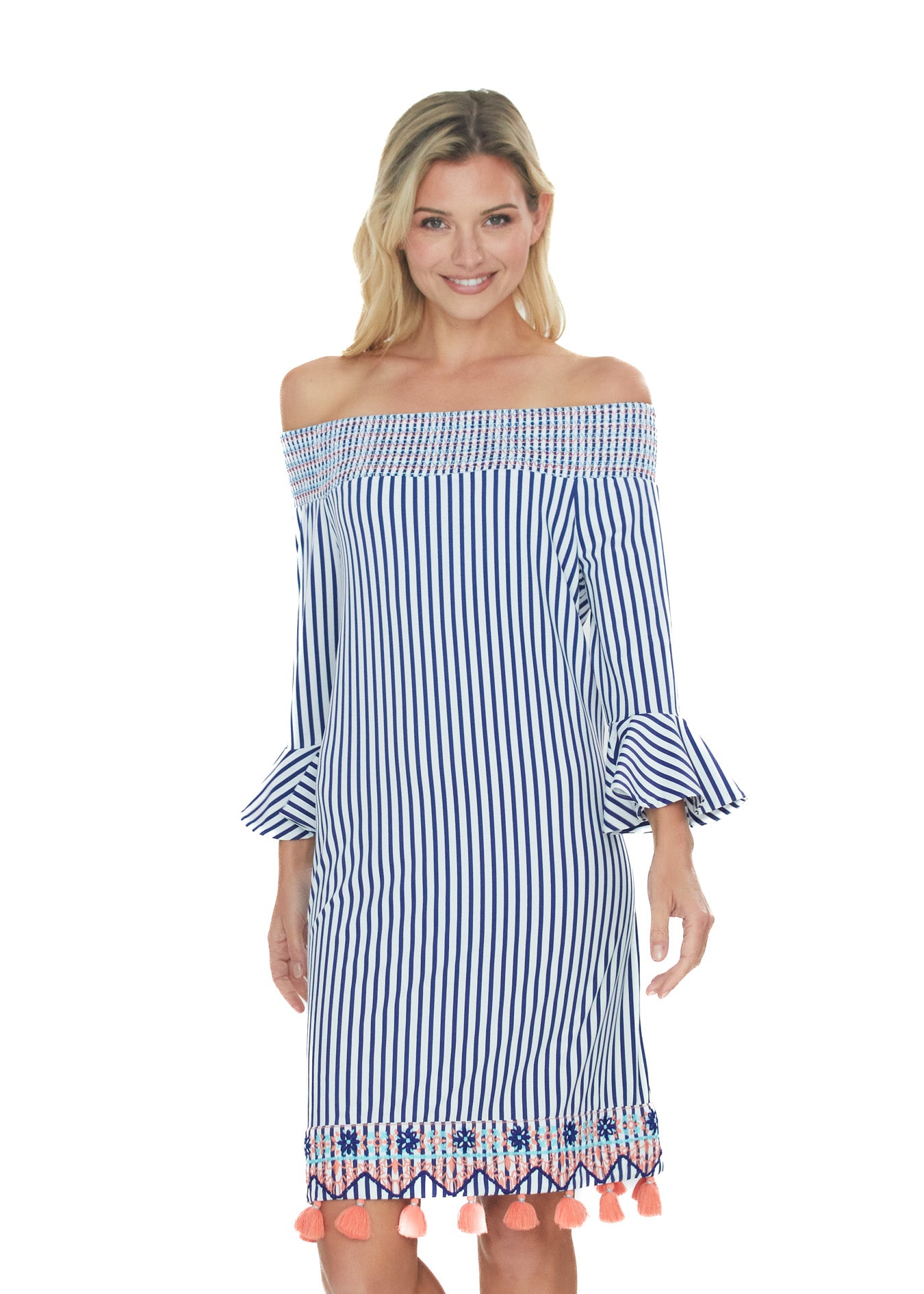 Smiling blonde woman wearing the St. Barts Off the Shoulder Dress.