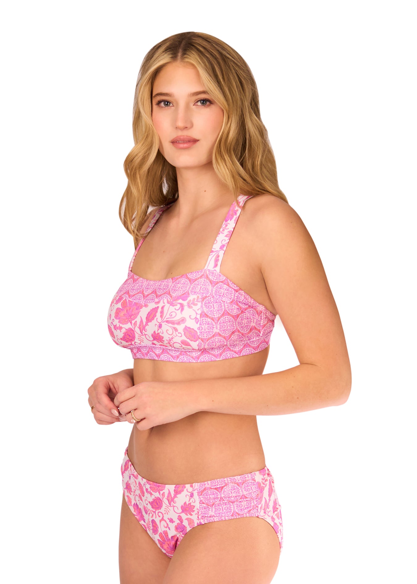 Side of Woman in Provence Bikini Top and Provence Ruched Bikini Bottom