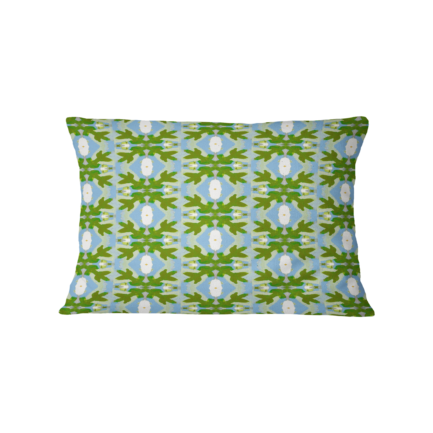 Decorative pillow with a green and blue pattern on a white background