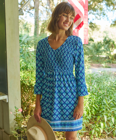 Woman wearing Kiawah Island Smocked Babydoll Dress