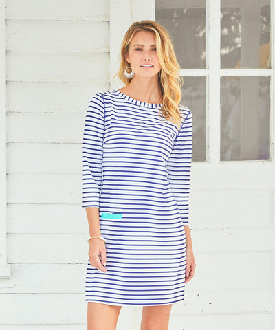 Woman wearing Navy Stripe Cabana Shift Dress