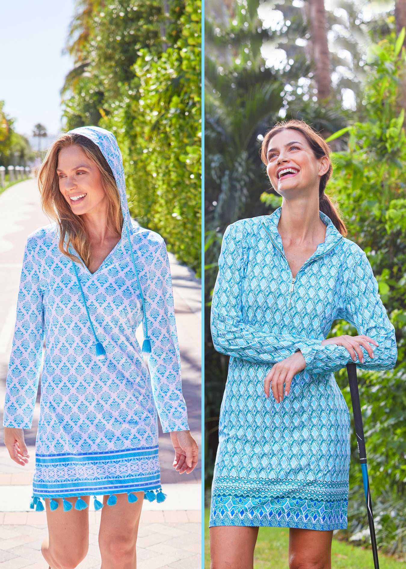 A split screen collage of a blonde woman walking wearing Cabana Life sun protective Amalfi Coast Hooded Cover Up with hood up and a brunette woman leaning on a golf club wearing the Amalfi Coast 1/4 Zip Sport Dress.