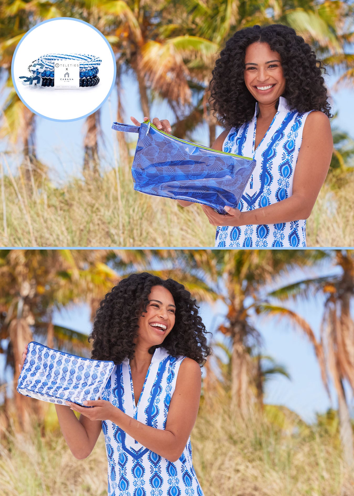 A collage of a woman wearing the Sebastian Sleeveless Tunic Dress holding up San Sebastian Large Accessory Bag with an image of the San Sebastian Cabana Life x Teleties Hair Tie 3-Pack and  a woman underneath holding the San Sebastian Small Accessory Bag. 