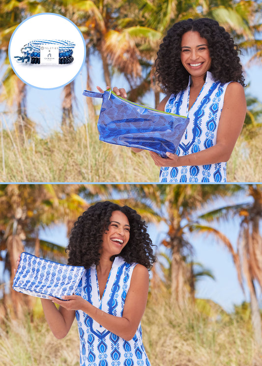 A collage of a woman wearing the Sebastian Sleeveless Tunic Dress holding up San Sebastian Large Accessory Bag with an image of the San Sebastian Cabana Life x Teleties Hair Tie 3-Pack and  a woman underneath holding the San Sebastian Small Accessory Bag. 