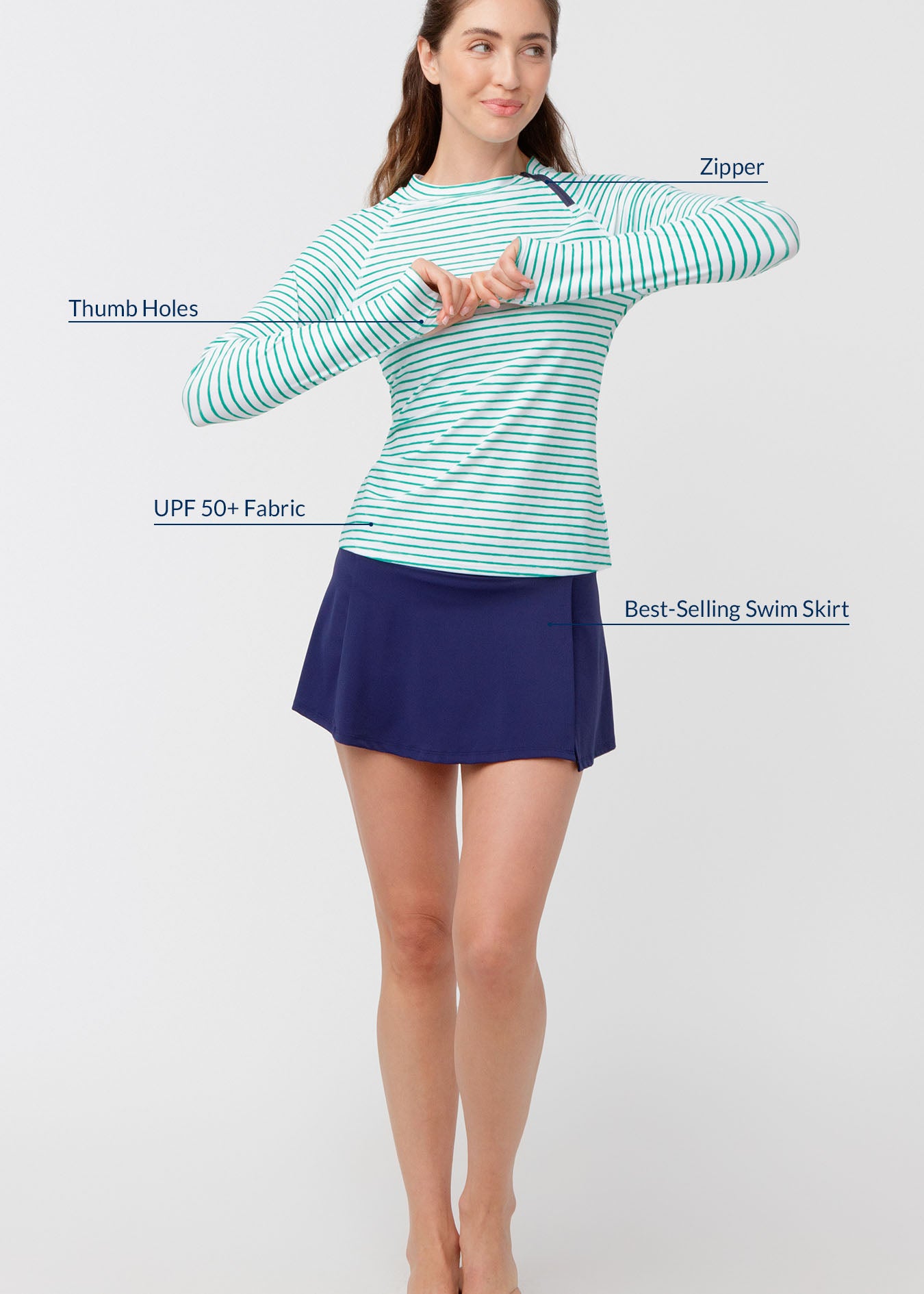 Woman wearing a striped green and white striped rashguard and blue swim skirt with text labels on a white background