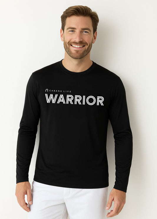Blonde man in a studio wearing our sun safe Black Unisex Long Sleeve Warrior Performance Shirt.