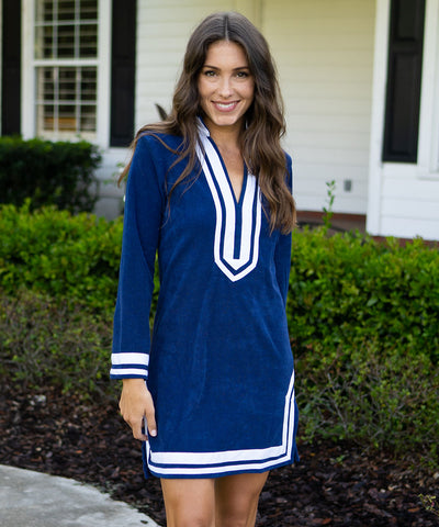Woman wearing Navy/White Trim Terry Tunic