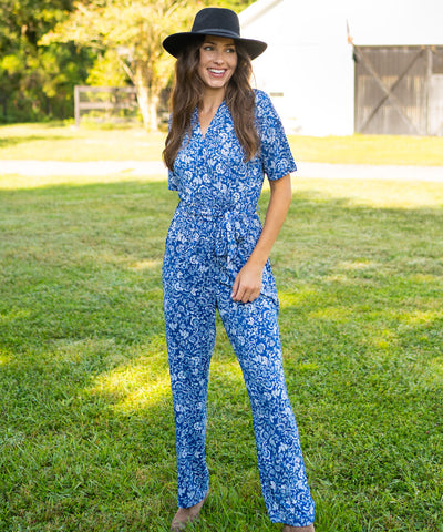 Woman wearing Aspen Short Sleeve Jumpsuit