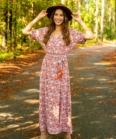 Woman wearing Savannah Belted Wrap Maxi Dress