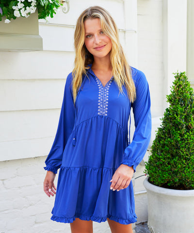 Woman wearing Navy Tiered Ruffle Dress