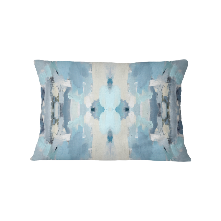 Decorative pillow with abstract blue and beige pattern on a white background