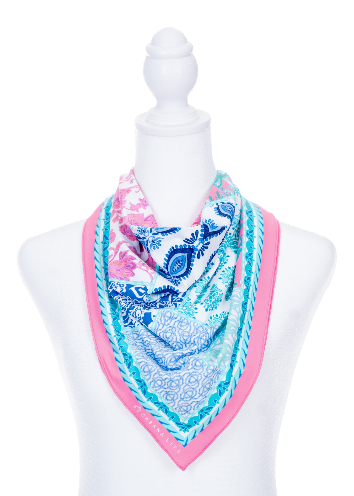 Printed Patchwork Scarf wrapped around neck of white mannequin