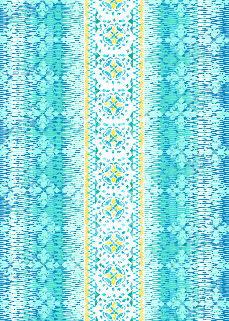 Patterned fabric with blue and yellow stripes on a textured background