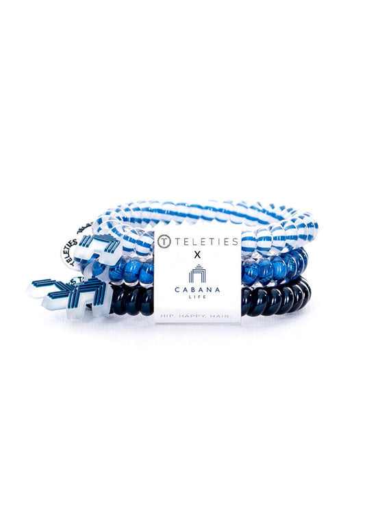 Navy Teleties x Cabana Life Hair Ties on white background