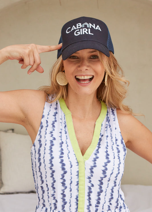 Woman wearing Cabana Girl Hat and San Sebastian Midi Dress.