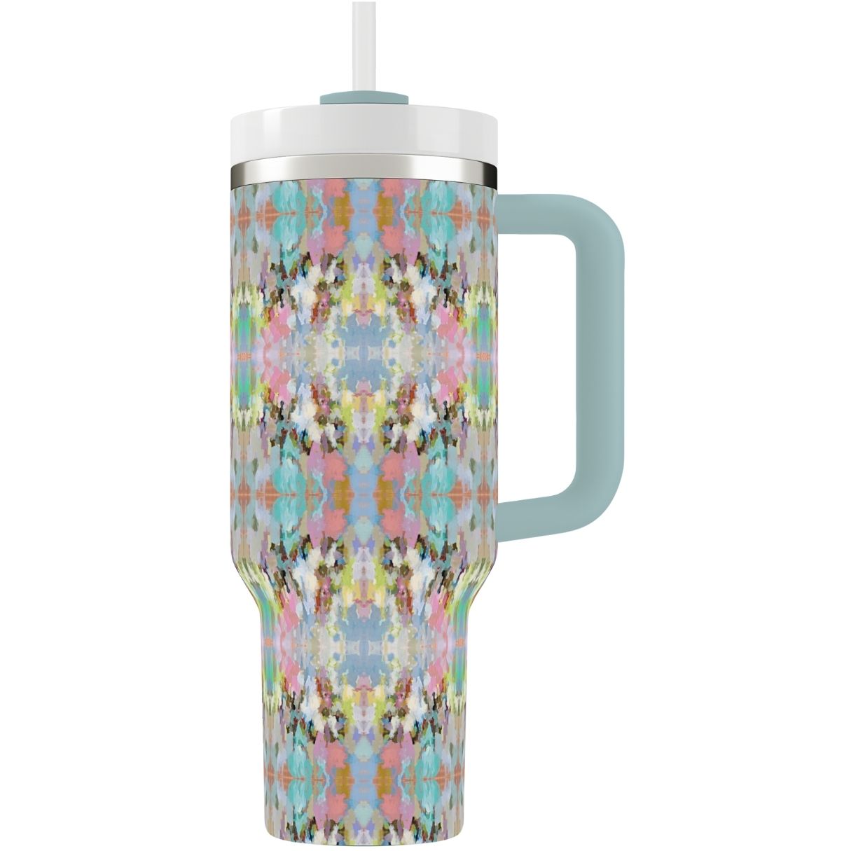 Colorful patterned tumbler with a handle on a white background