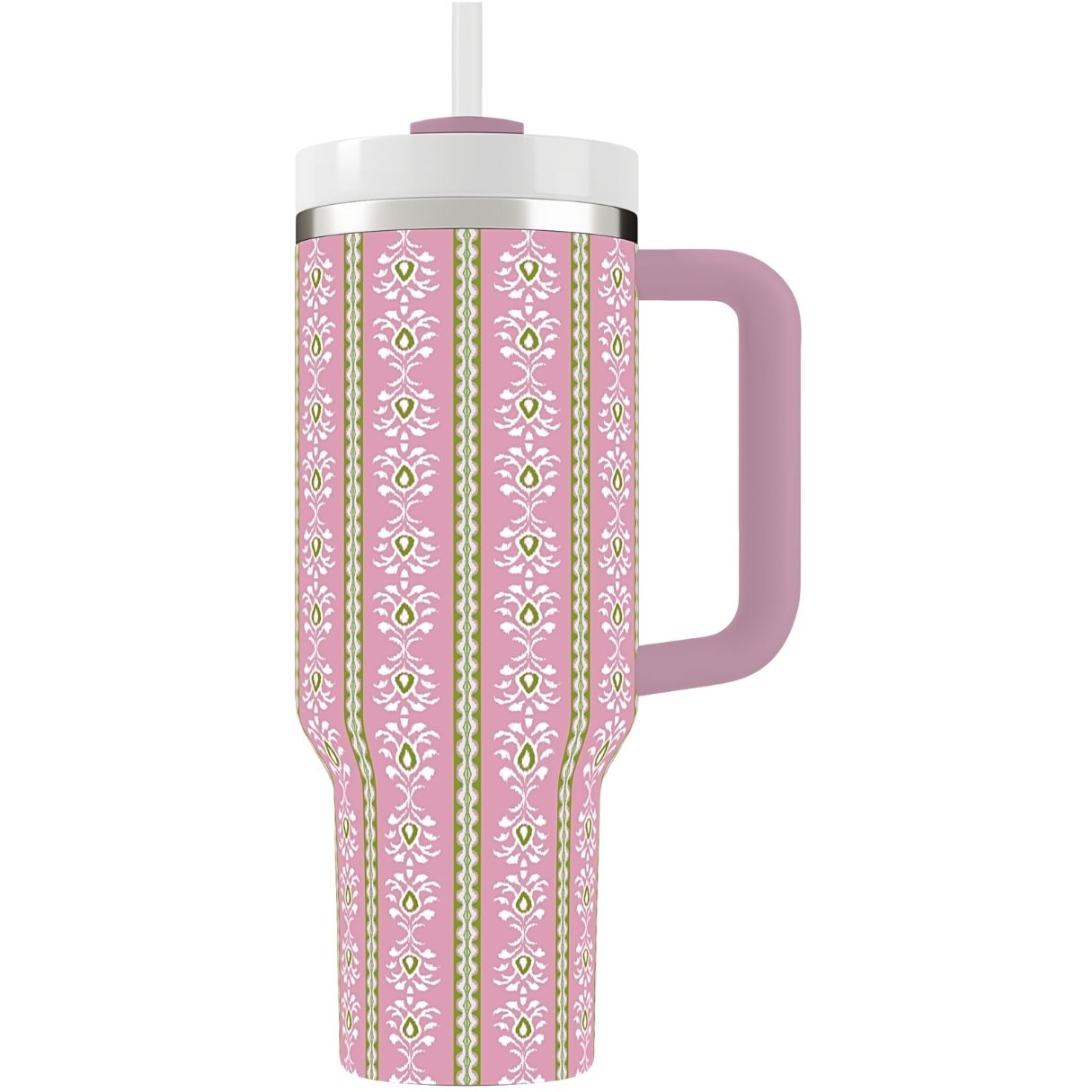 Pink tumbler with floral pattern and handle on a white background