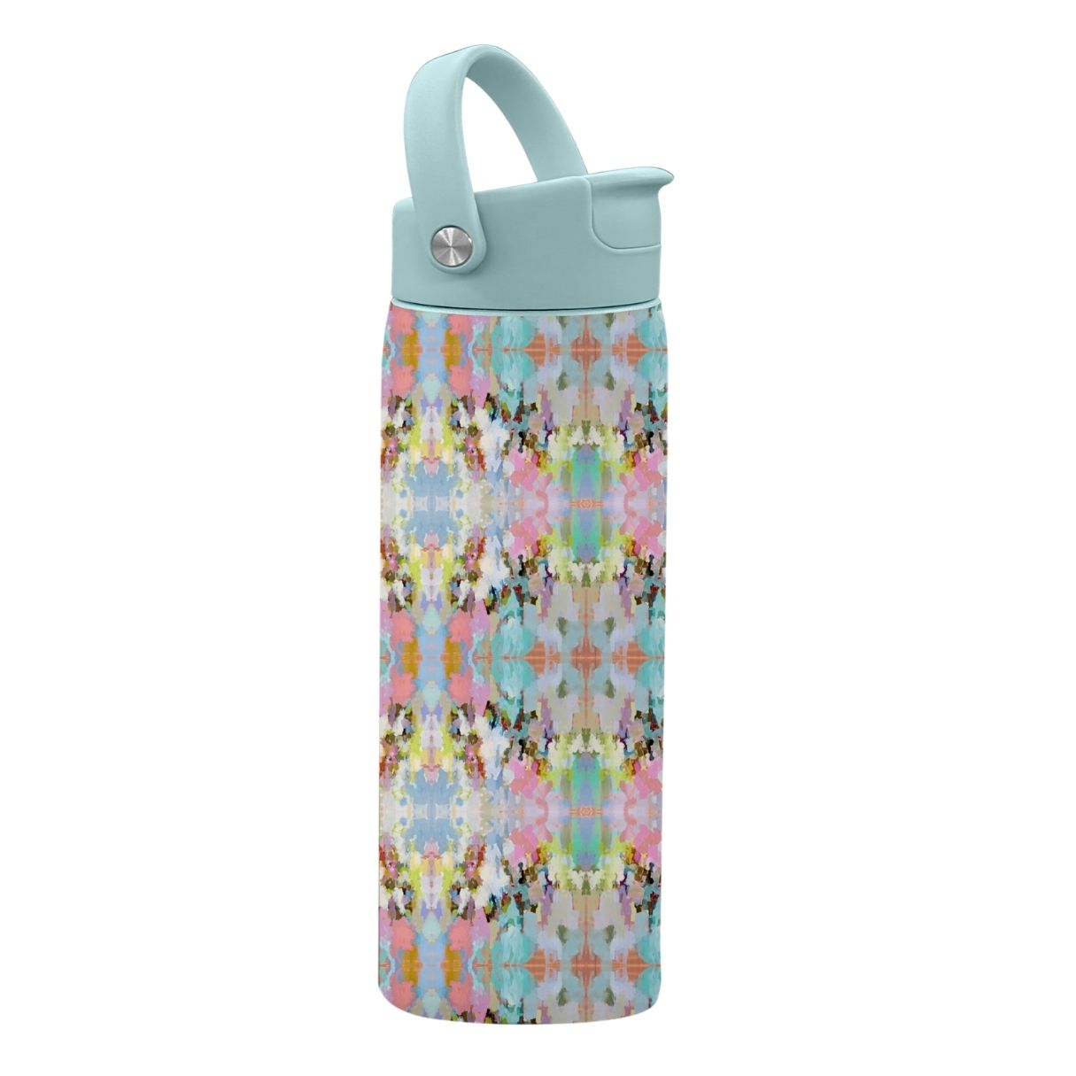 Colorful patterned water bottle with a light blue cap on a white background