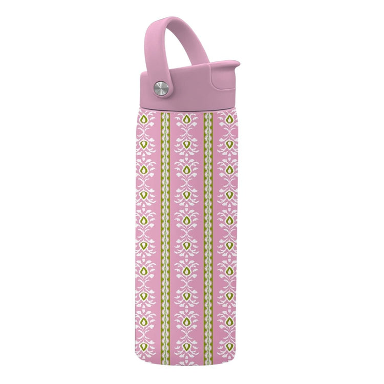 Pink water bottle with a patterned design on a white background