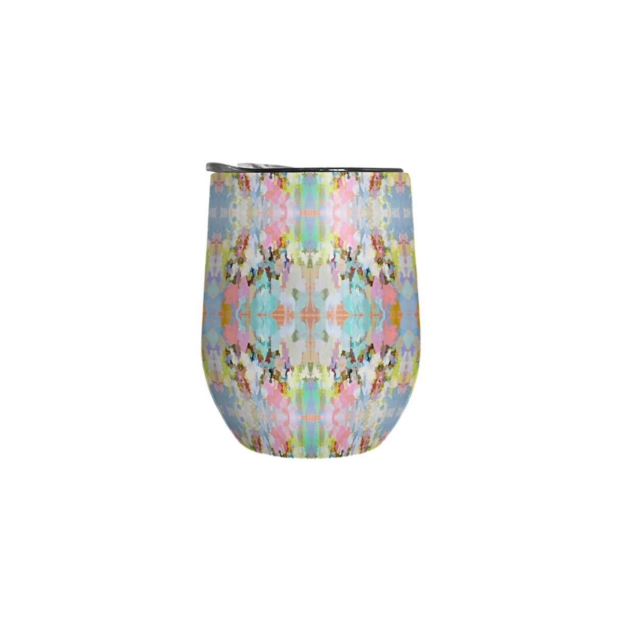 Tumbler with a colorful abstract pattern on a white background