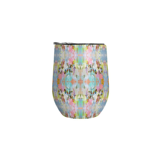 Tumbler with a colorful abstract pattern on a white background
