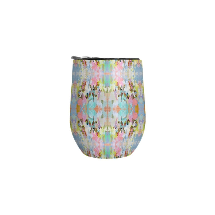 Tumbler with a colorful abstract pattern on a white background