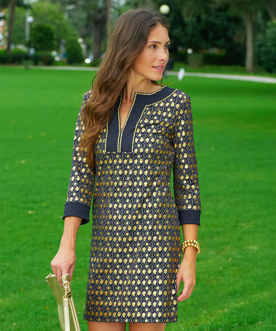 Woman wearing Cabana Life Black Metallic Tunic Dress.
