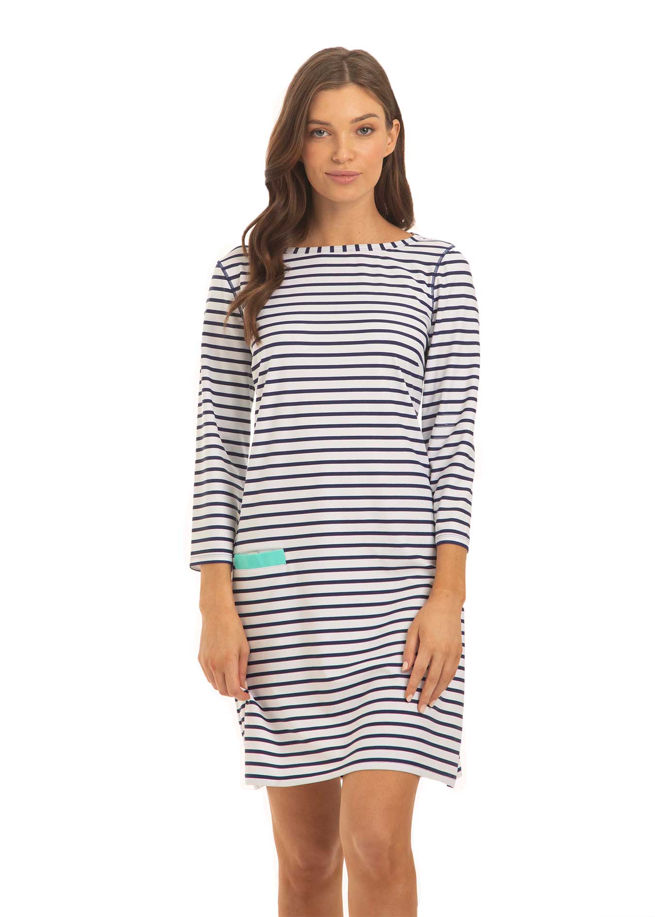 Woman wearing Navy Stripe Cabana Shift Dress