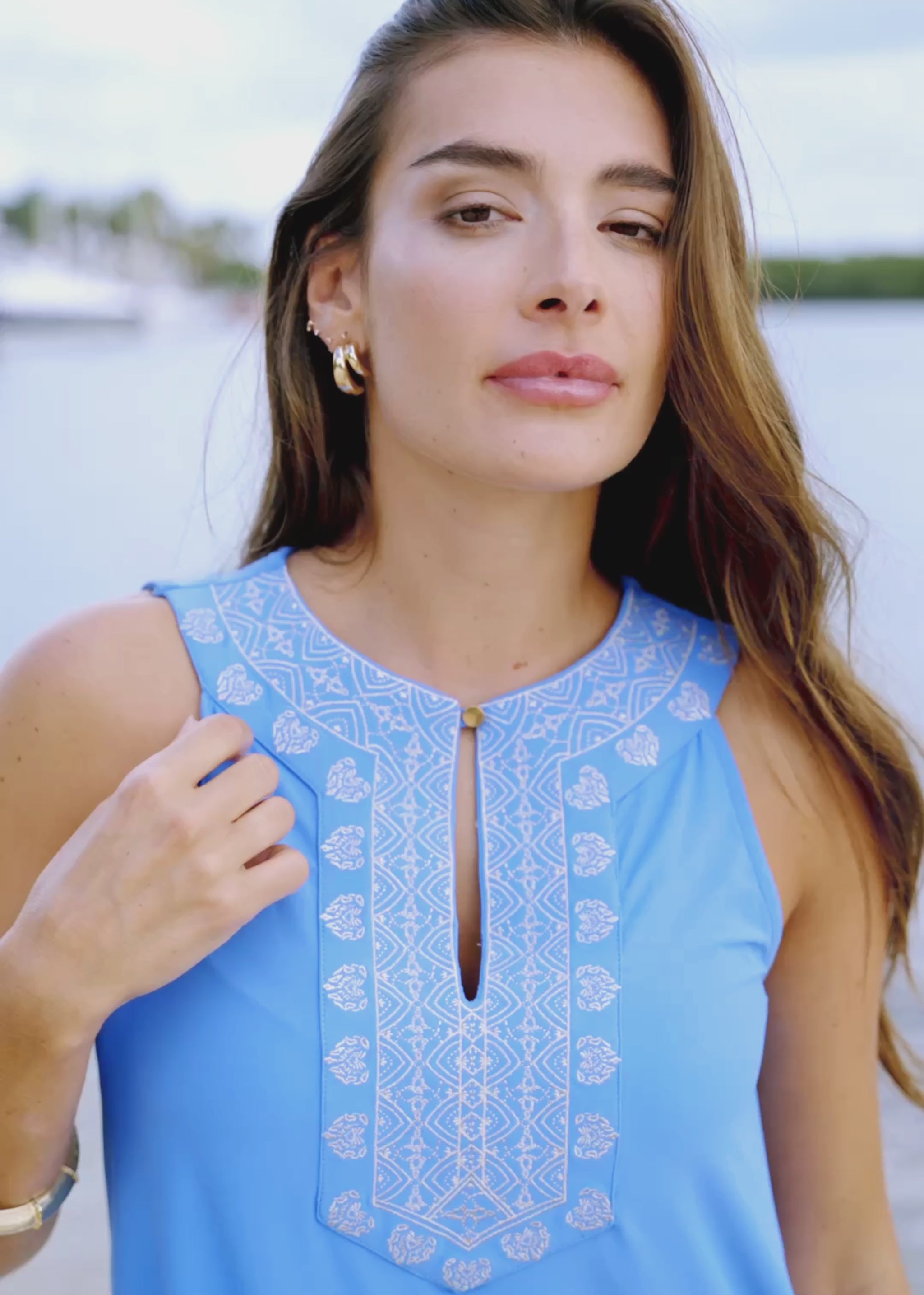 Video of Periwinkle Metallic Sleeveless Shift Dress