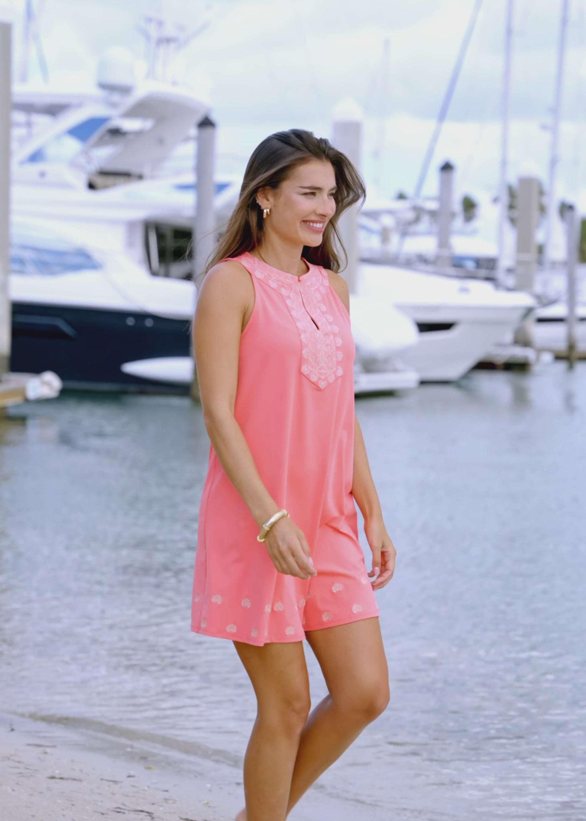 Video of Coral Metallic Sleeveless Shift Dress