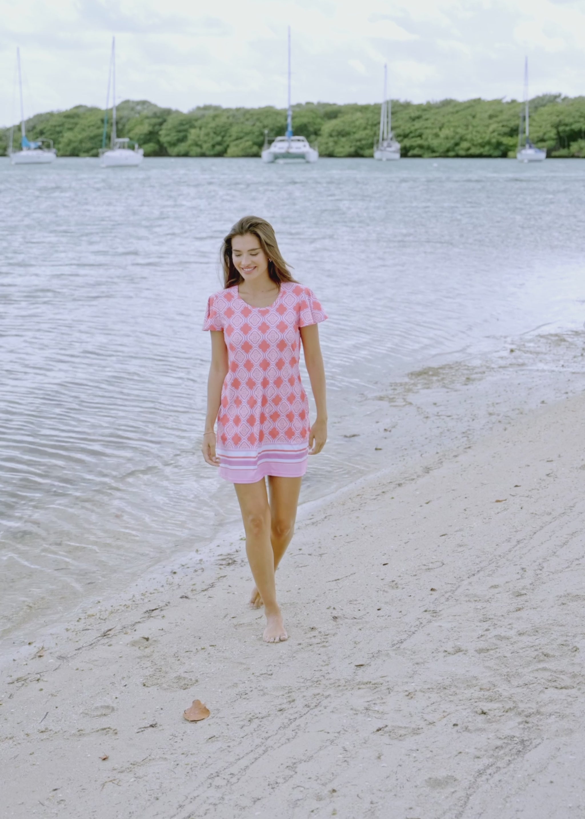 Video of Coral Geo Ruffle Short Sleeve Dress