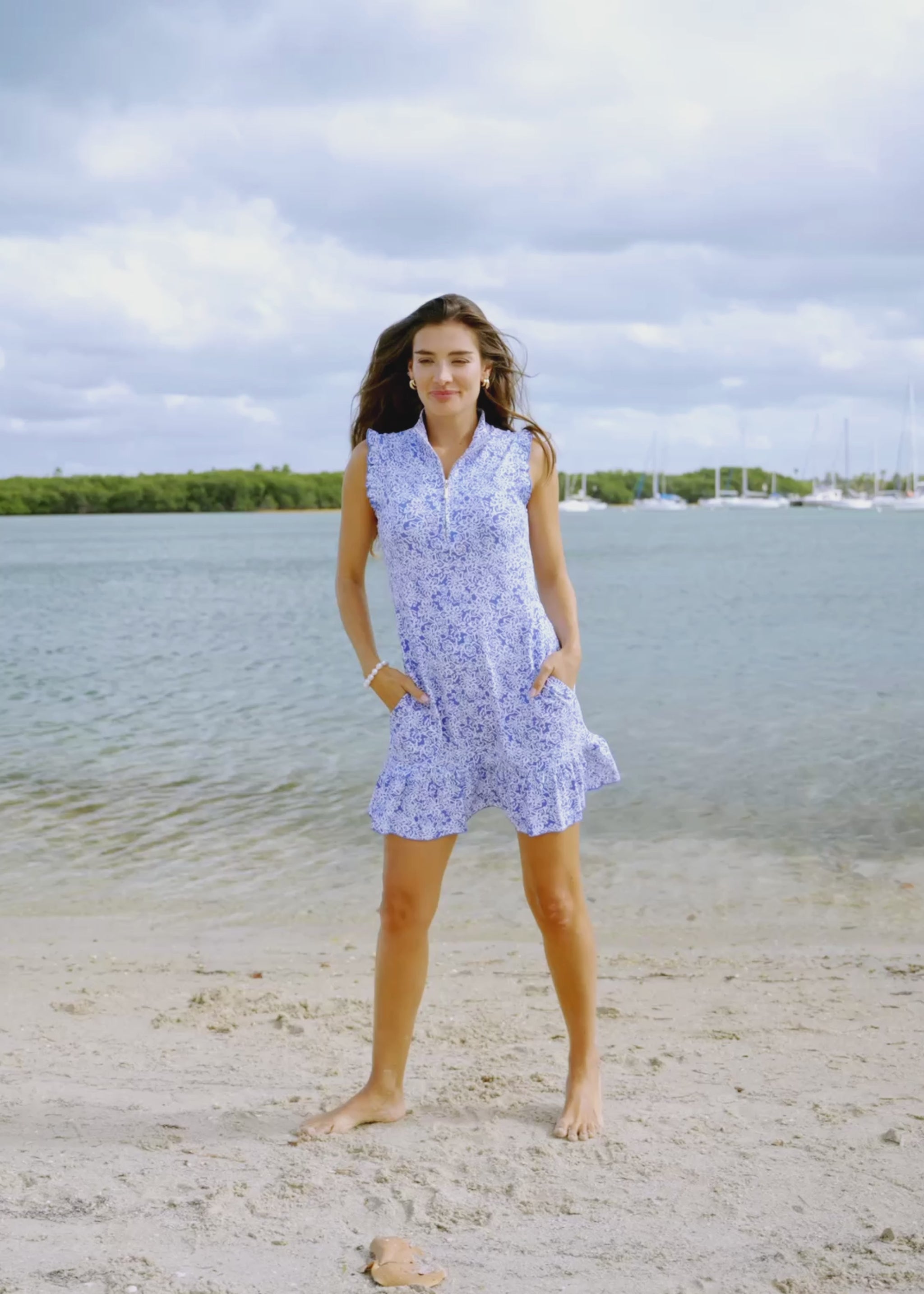 Video of Lake Como Sleeveless Ruffle Sport Dress