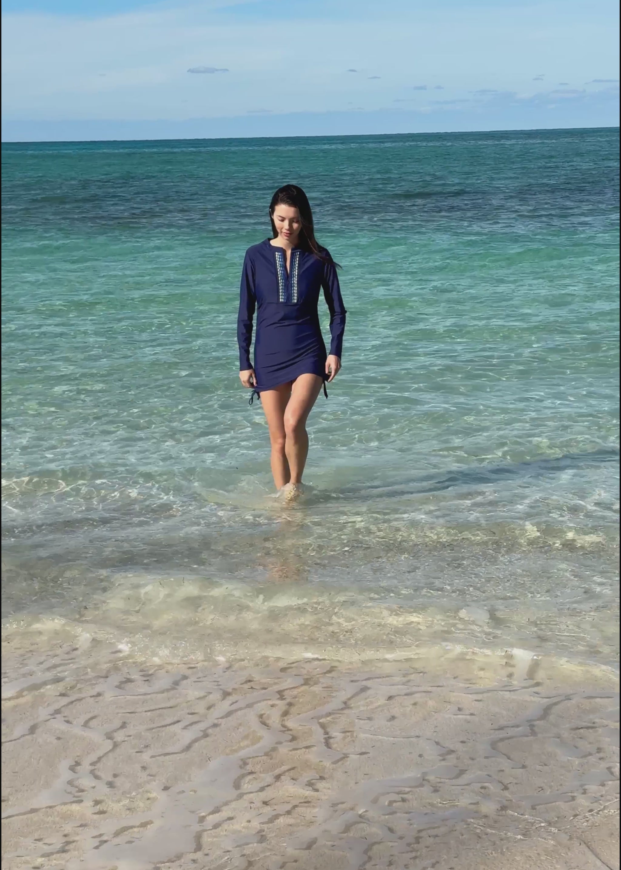 Video of Navy Embroidered Convertible Ruched Rashguard