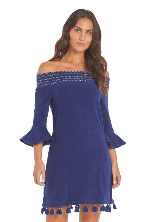 Woman wearing Navy Terry Off the Shoulder Dress