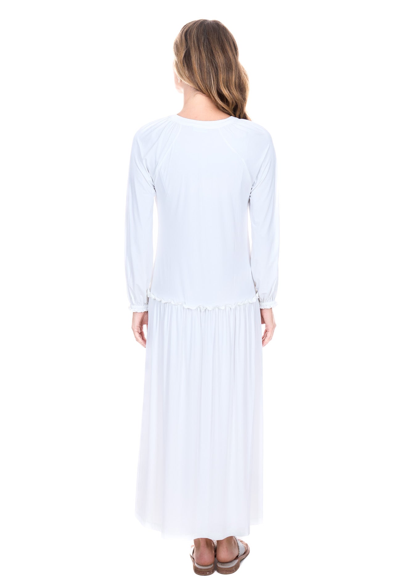 The back view of the flowing, sun protective Cabana Life White Embroidered Tunic Maxi Dress. 