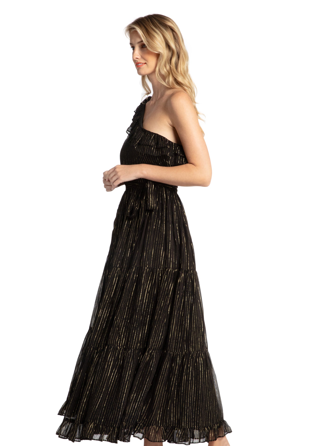 Black Metallic One Shoulder Maxi Dress