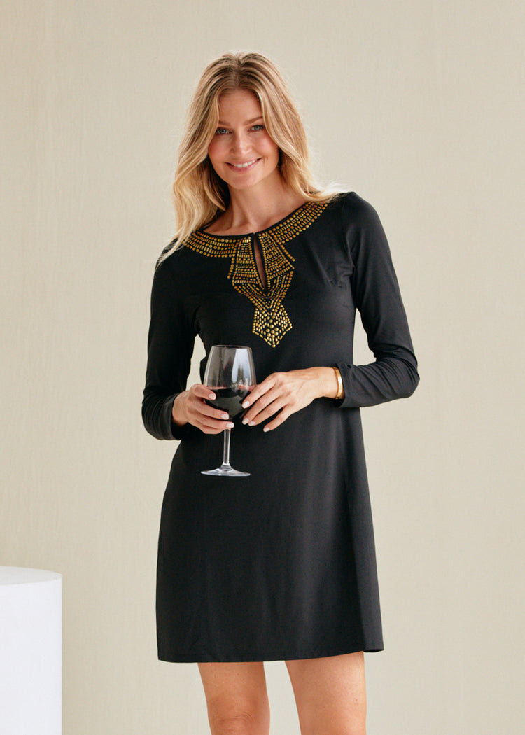 Woman holding wine glass wearing Black/Gold Metallic Keyhole Dress