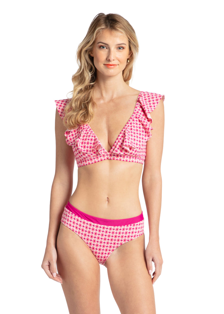 Woman wearing Coral Gables Reversible Bikini Bottom and Ruffle Bikini Top